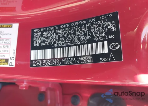 2020 Lexus Ux 200 z USA, uszkodzony, nr VIN JTHX3JBH6L2022283